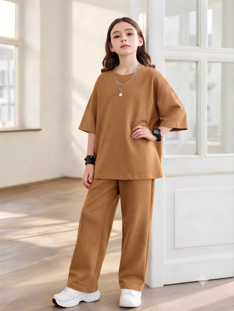 Baggy Suit Teen Girl Camel Soft Cotton Jersey for Summer