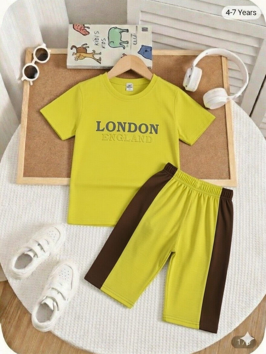 London Embossed Writing  Round Neck Yellow Color Jersey Casual Suit