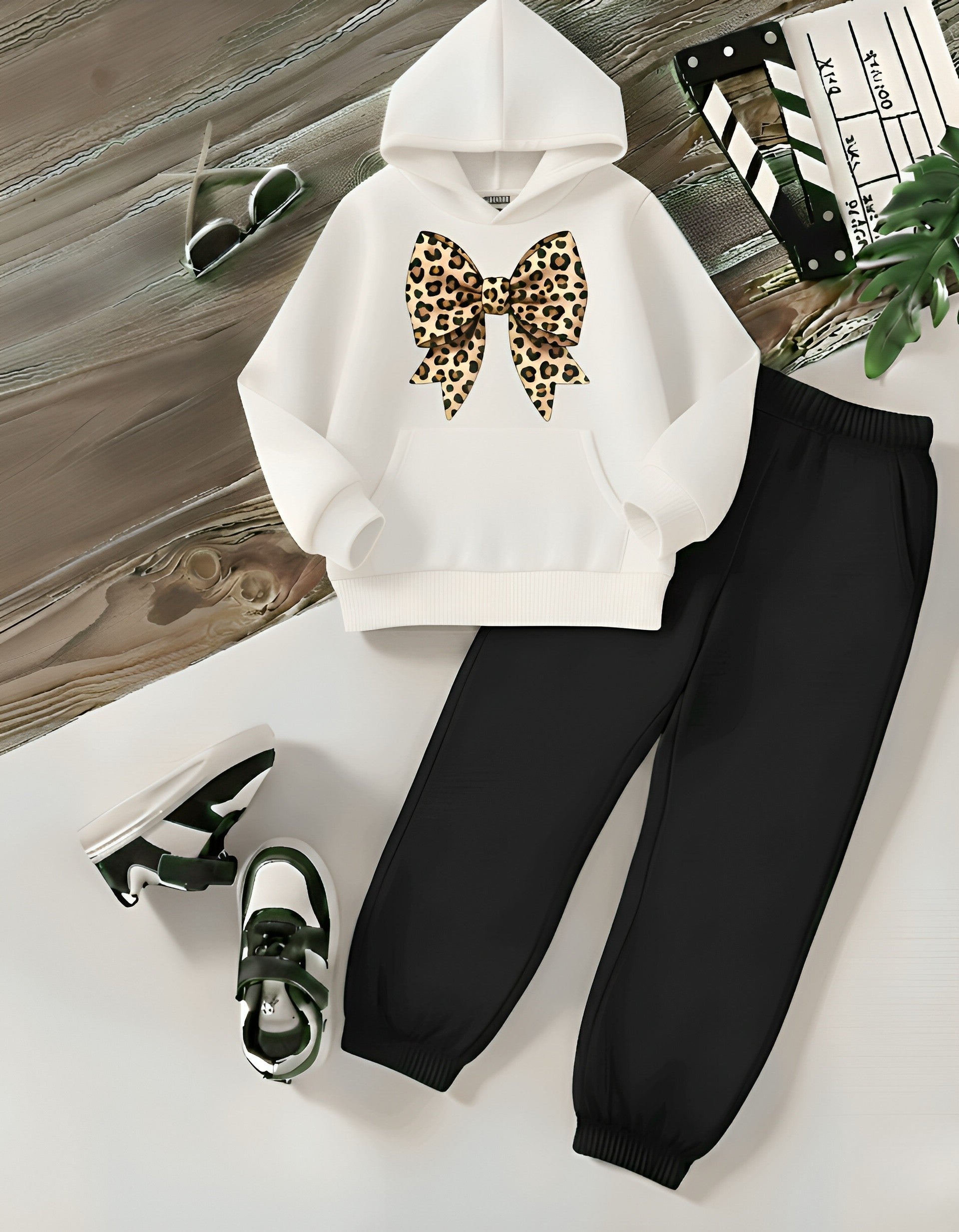 Leopard Bow Style White Hoodie & Black Trouser
