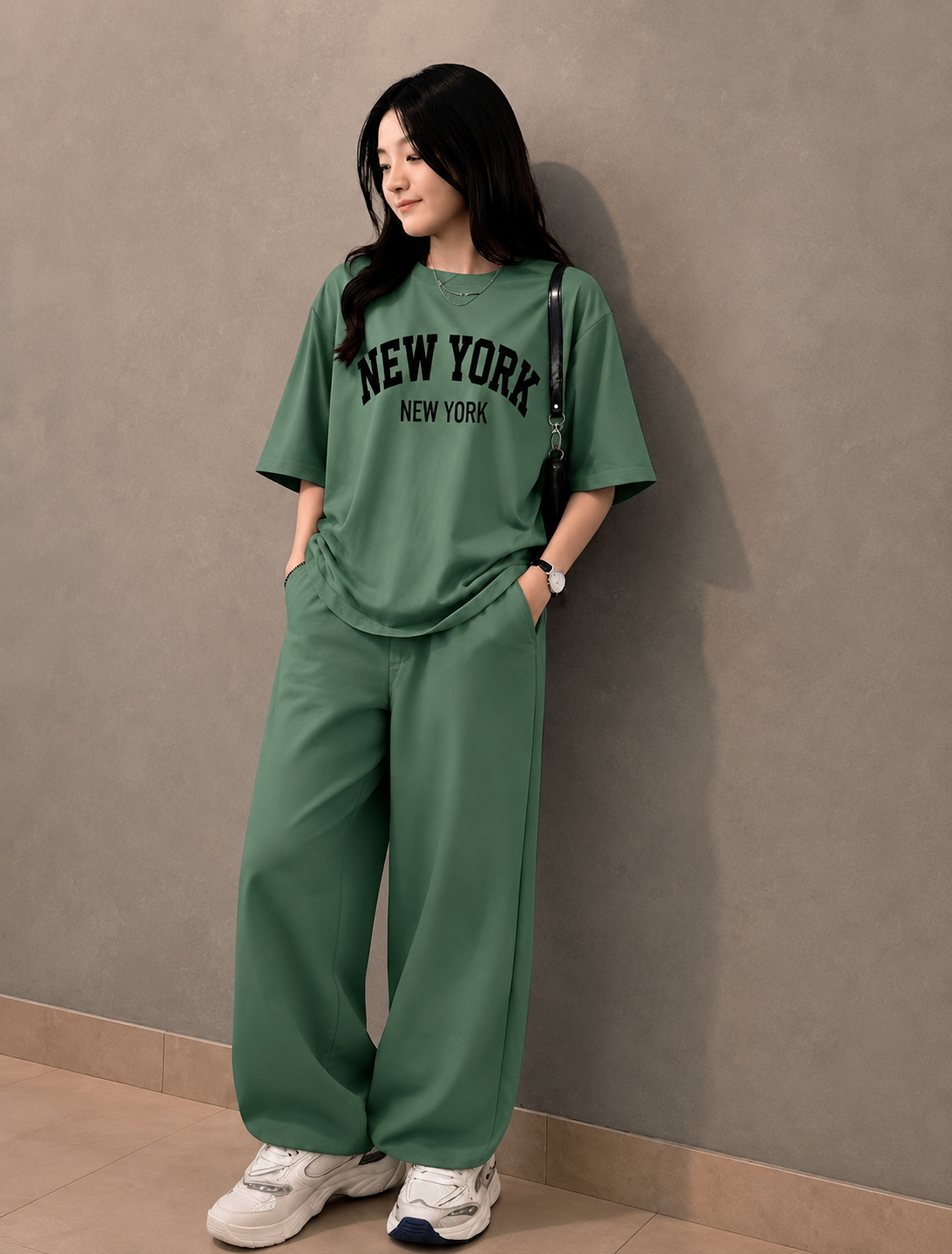 Baggy Suit Teen Girl New York Sage Green Soft Cotton Jersey for Summer