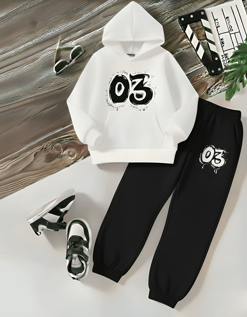 03 White Hoodie & Black Trouser