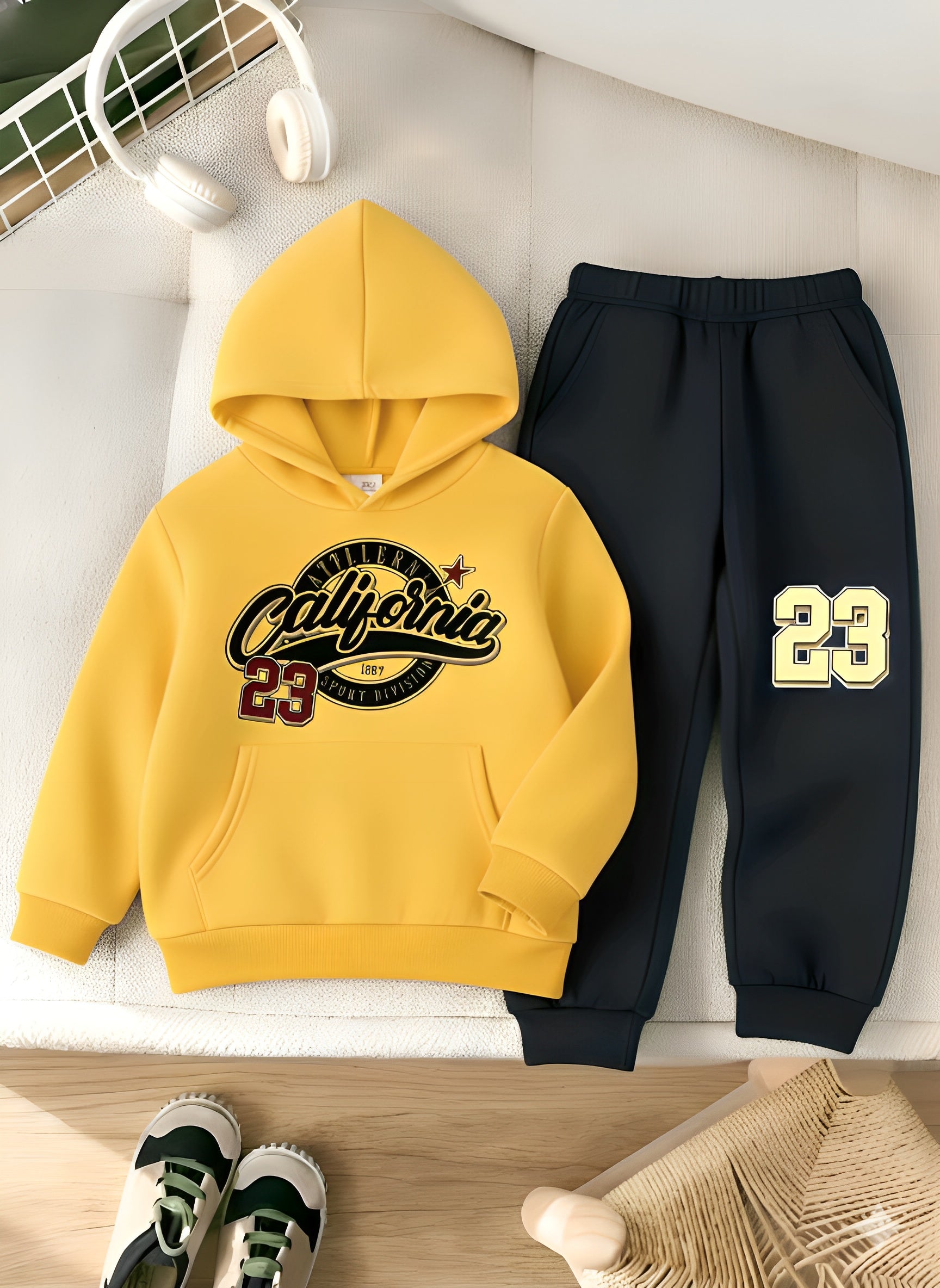 California Yellow Hoodie Black Trouser winter track suit