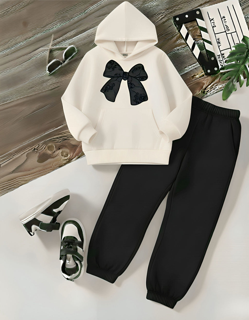 Black Bow White Hoodie & Black Trouser Stylish Baby Suit