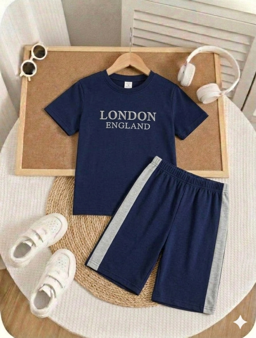 London Embossed Writing  Round Neck Navy Blue Color Jersey Casual Suit
