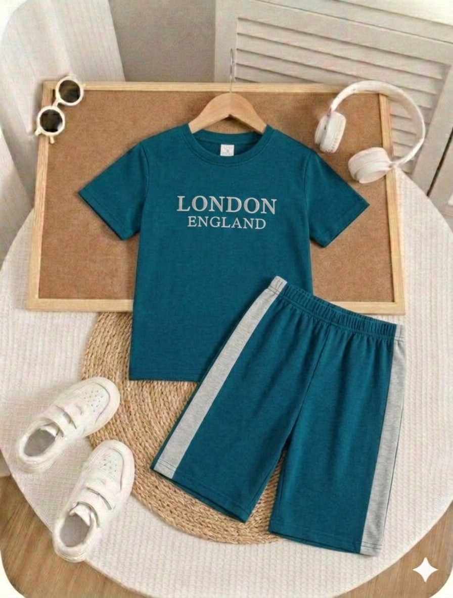 London Embossed Writing  Round Peacock Color Jersey Casual Suit