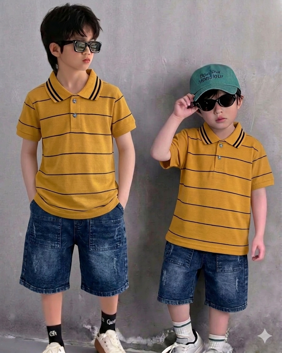 Polo T-Shirt Camel with Denim Short, Soft Cotton for Summer (1 to 4 Year)