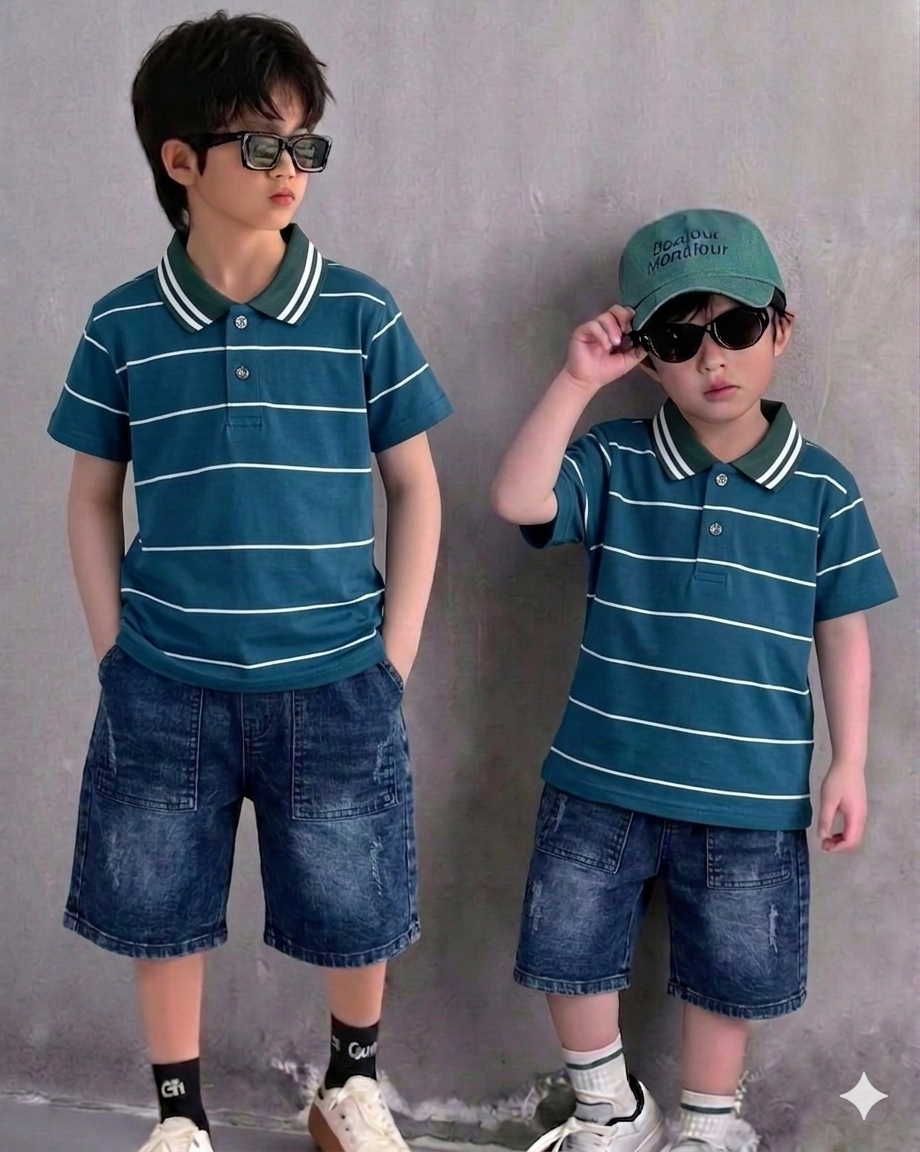 Polo T-Shirt Peacock with Denim Short, Soft Cotton for Summer (1 to 4 Year)
