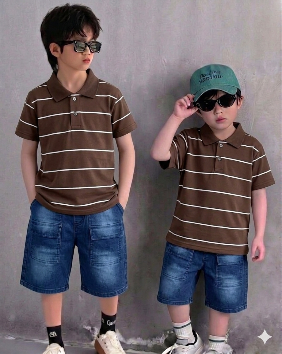 Polo T-Shirt Brown with Denim Short, Soft Cotton for Summer (1 to 4 Year)