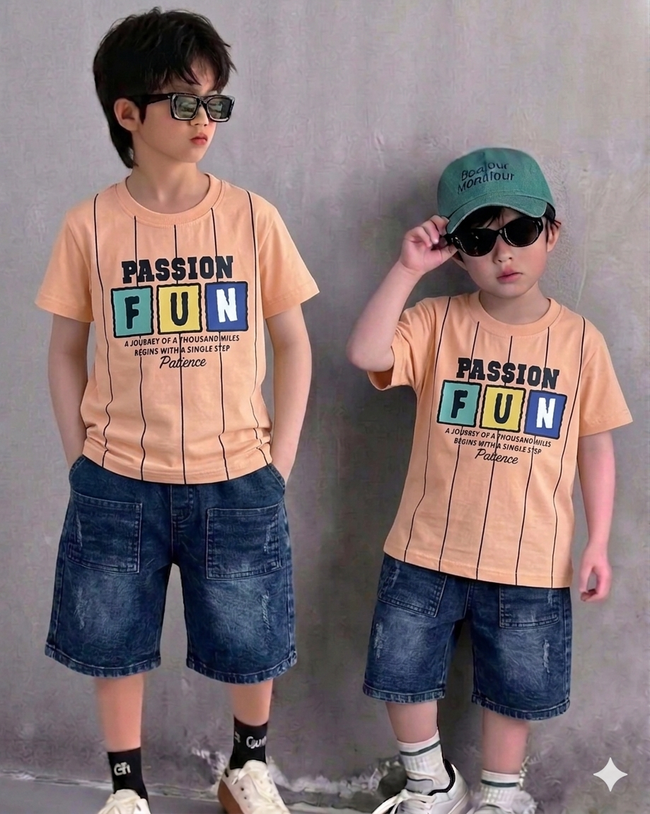 Fun Round Neck T-Shirt with Denim Short, Soft Cotton for Summer (1 to 4 Year)