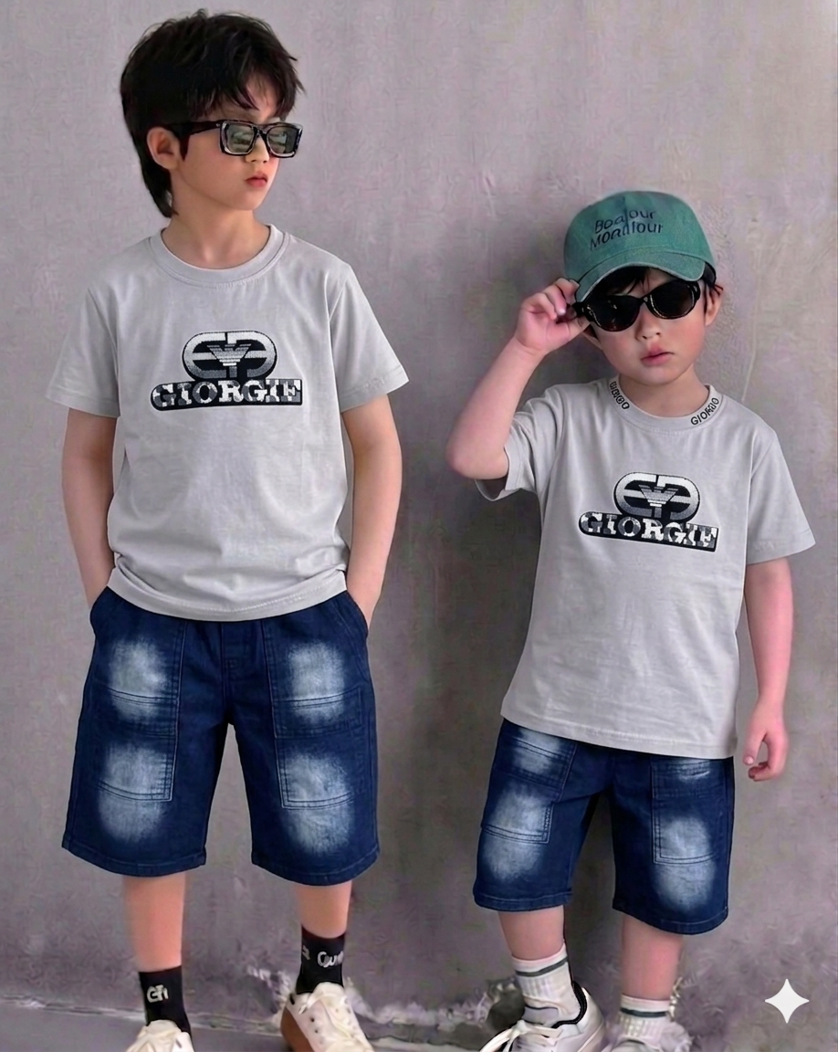 Georgie Round Neck T-Shirt with Denim Short, Soft Cotton for Summer (1 to 4 Year)
