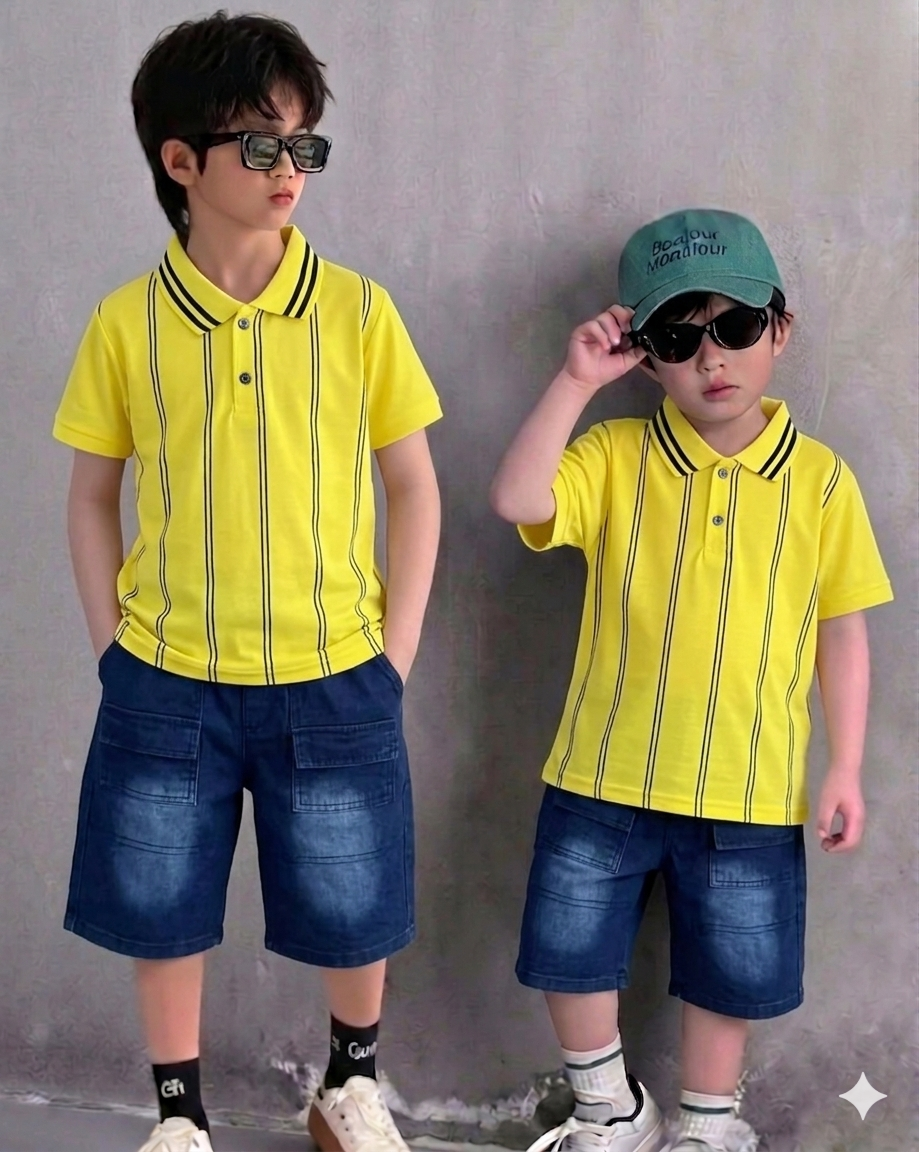 Polo T-Shirt Yellow with Denim Short, Soft Cotton for Summer (1 to 4 Year)