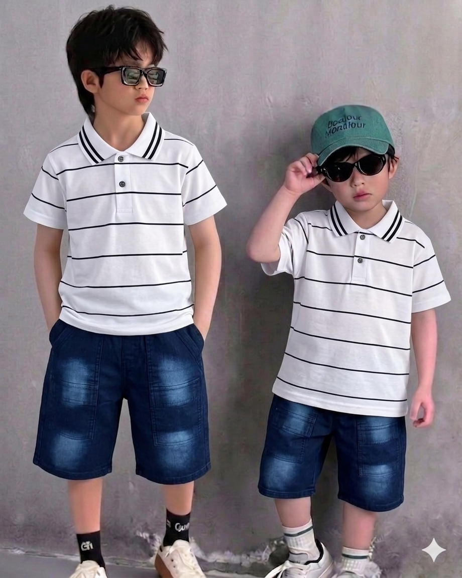 Polo T-Shirt White with Denim Short, Soft Cotton for Summer (1 to 4 Year)