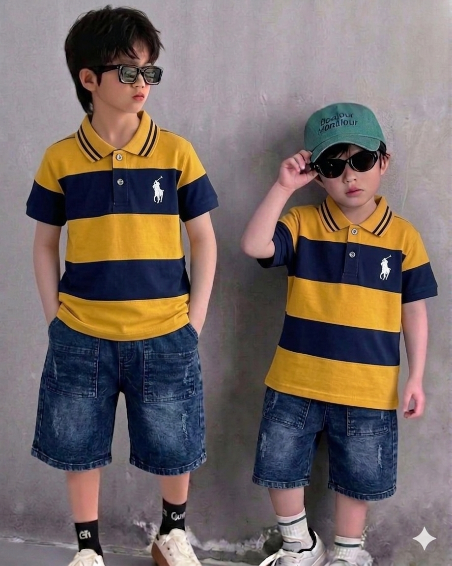 Polo T-Shirt Mustard with Denim Short, Soft Cotton for Summer (1 to 4 Year)
