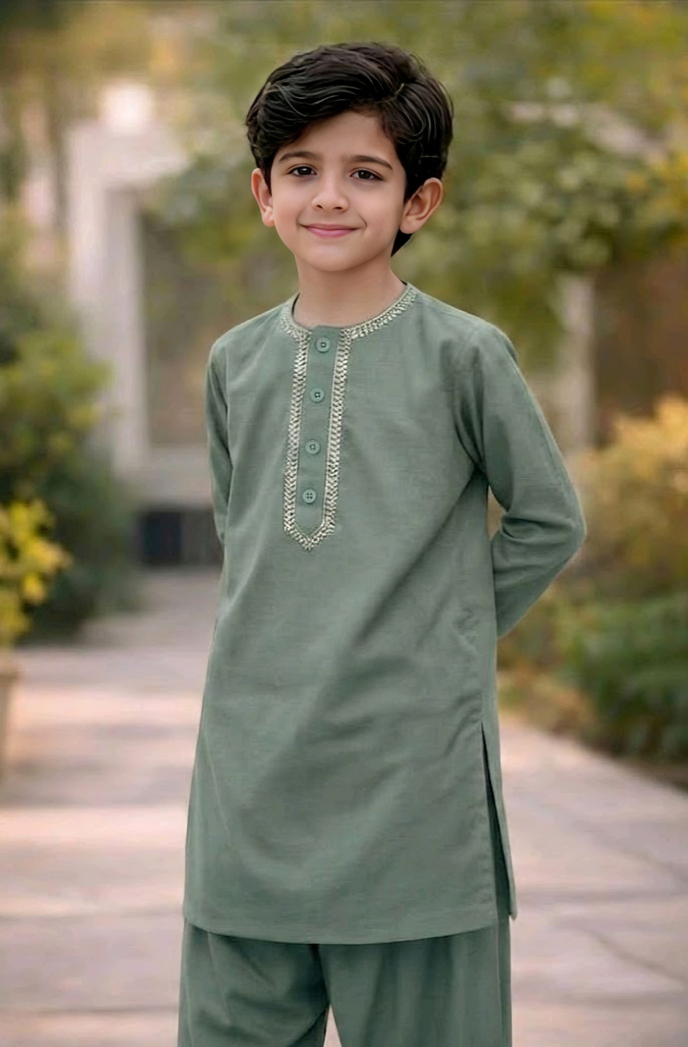100% Cotton Loan Kameez Shalwar Sage Green Color Round Neck Embroidery (2 to 6 year)