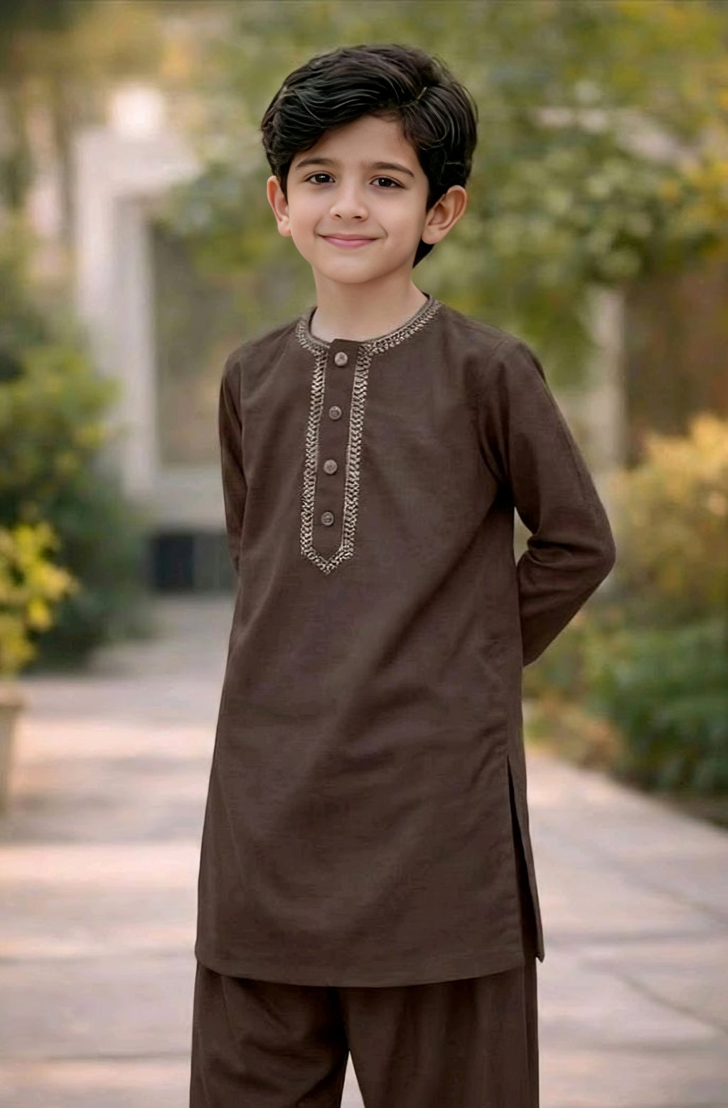 100% Cotton Loan Kameez Shalwar Brown Color Round Neck Embroidery (7 to 18 Year)