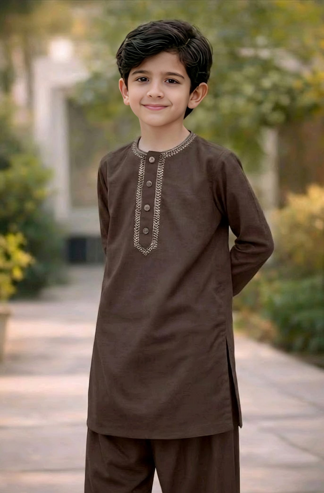 100% Cotton Loan Kameez Shalwar Brown Color Round Neck Embroidery (7 to 18 Year)