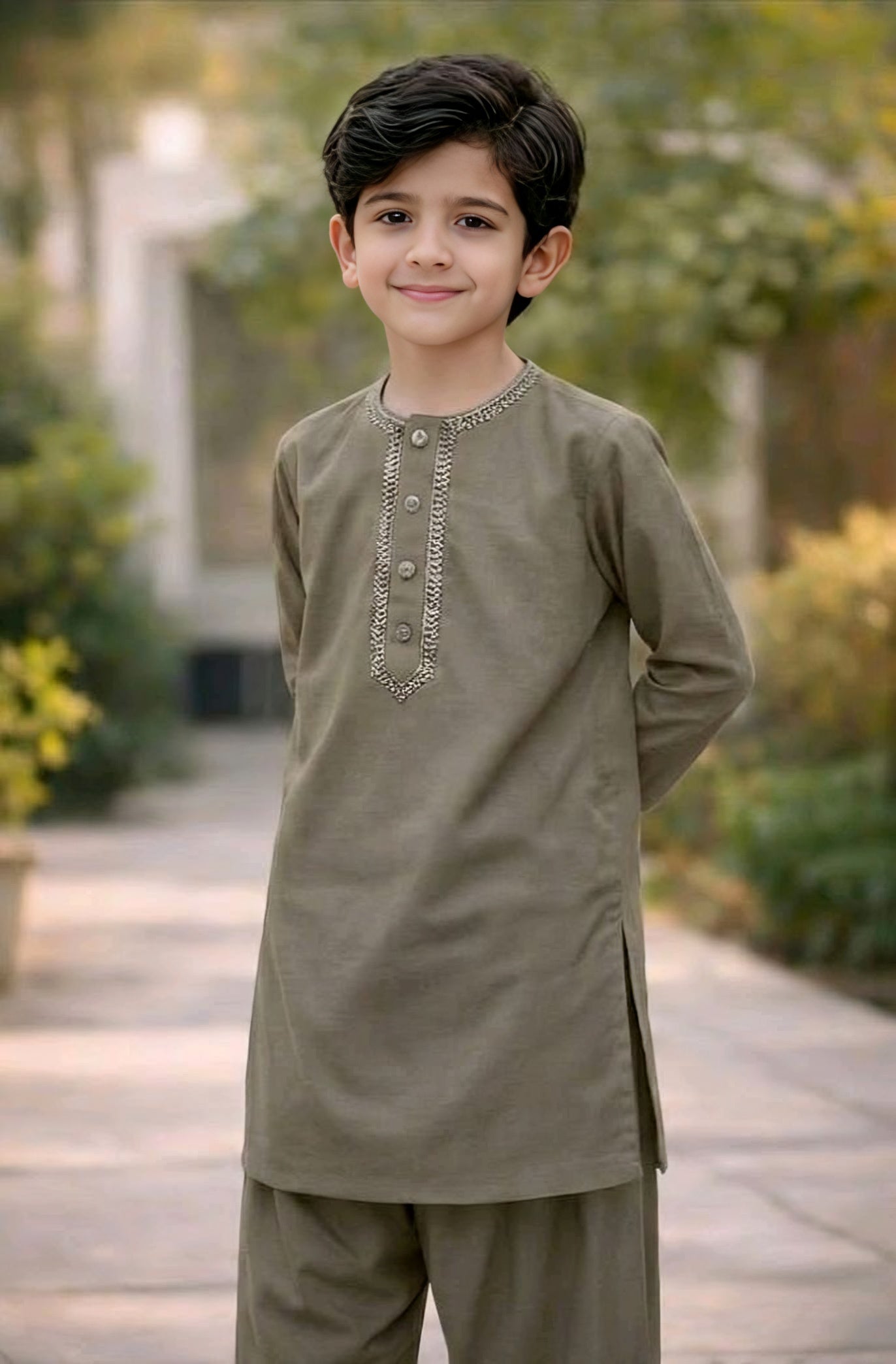 100% Cotton Loan Kameez Shalwar Olive Green Color Round Neck Embroidery (2 to 6 year)
