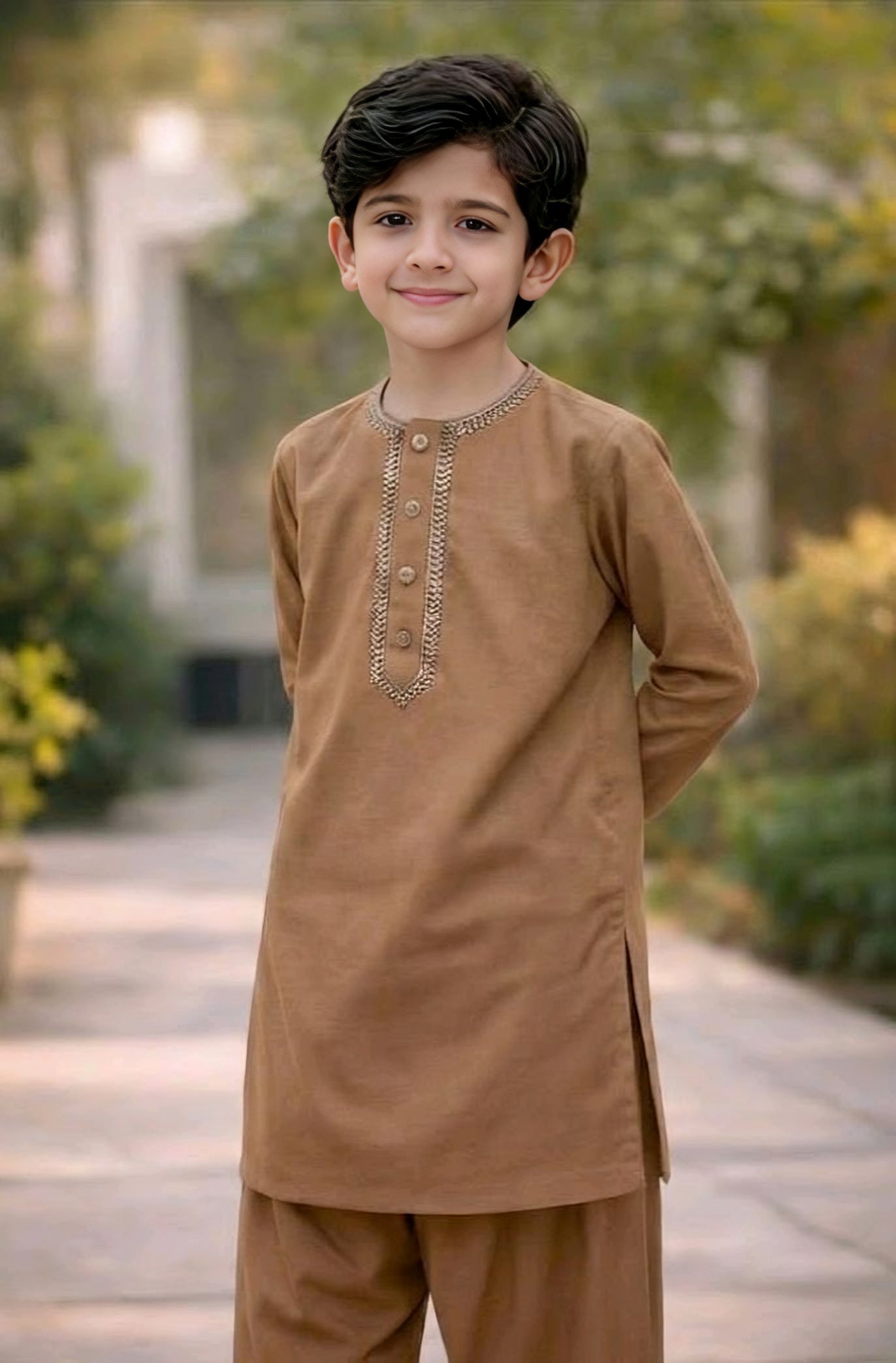 100% Cotton Loan Kameez Shalwar Caramel Color Round Neck Embroidery (7 to 18 Year)