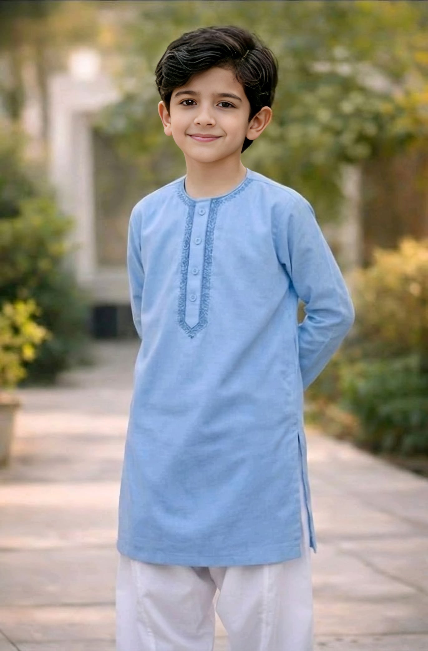 100% Cotton Loan Kameez with White Shalwar Sky Blue Color Round Neck Embroidery (7 to 18 year)