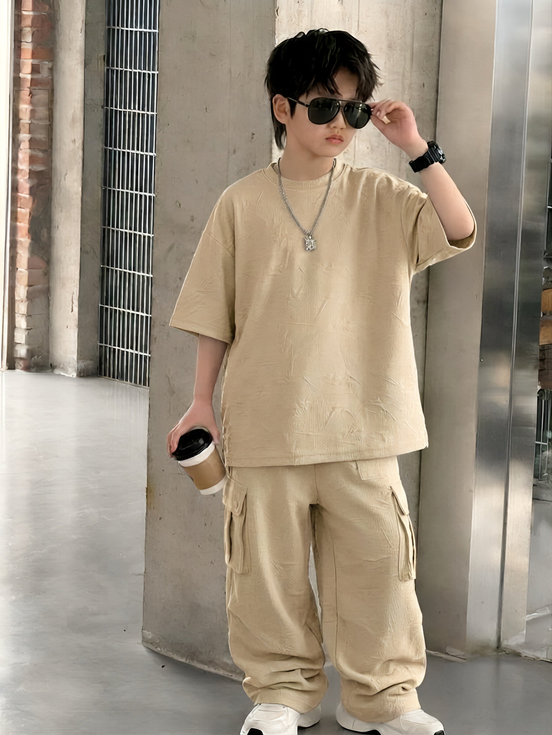 Baggy Cargo Suit Turkish Fabric Embossed Texture Beige