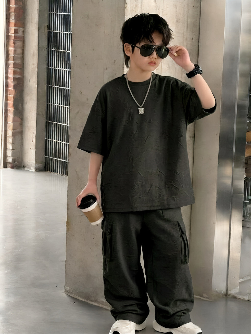 Baggy Suit with Cargo Trouser China Fabric Embossed Texture Black