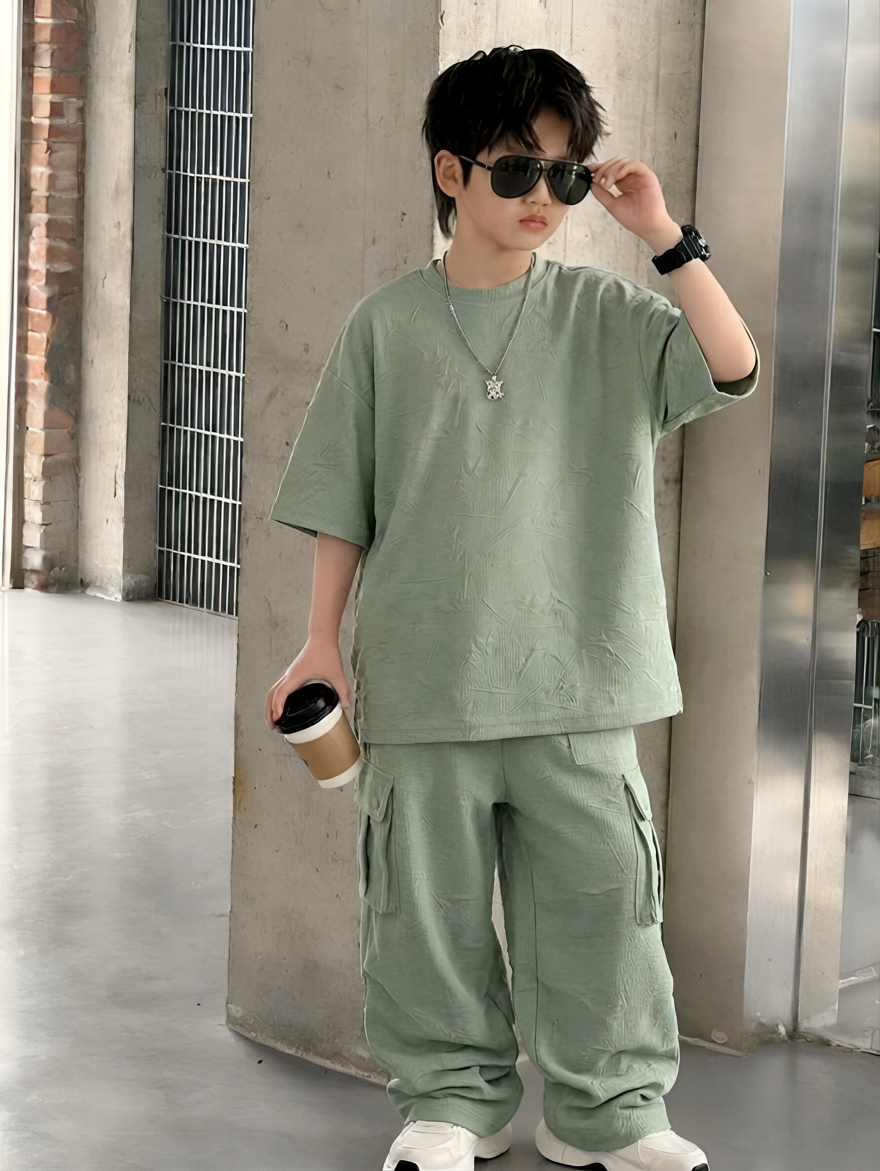 Baggy Suit with Cargo Trouser China Fabric Embossed Texture Sage Green