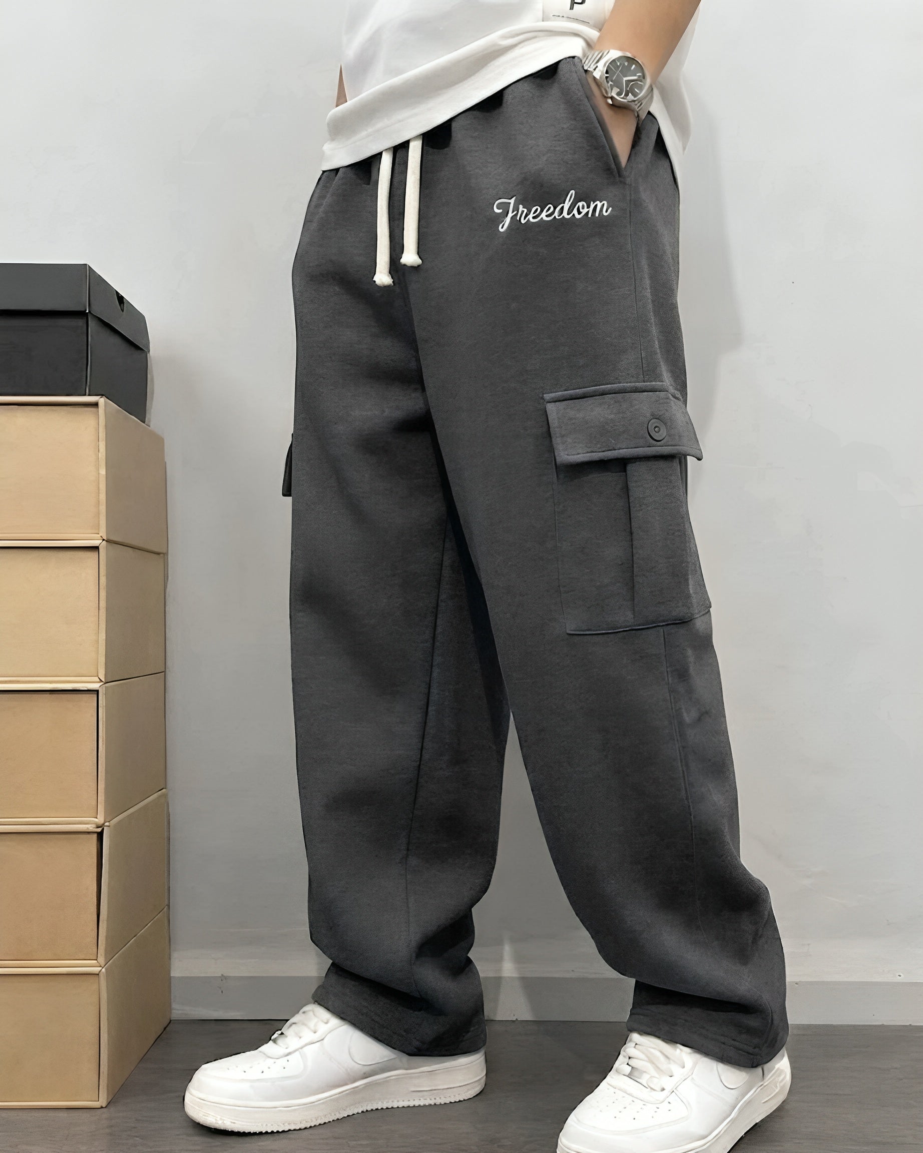 Relaxed Fit Cargo Trouser Cotton Terry Charcoal Black