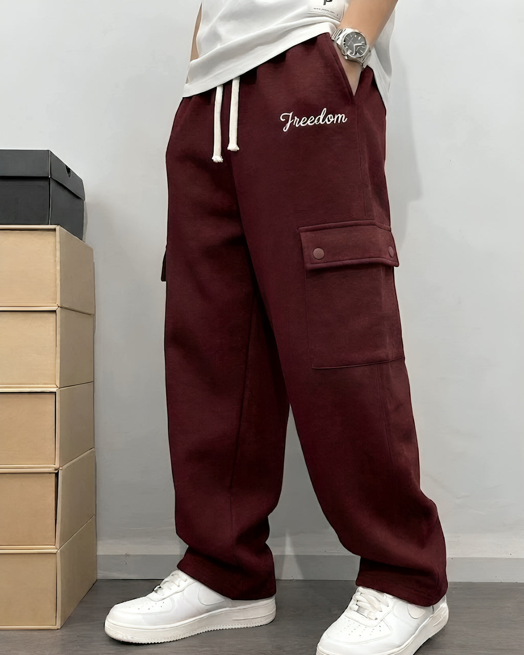 Relaxed Fit Cargo Trouser Cotton Terry Maroon