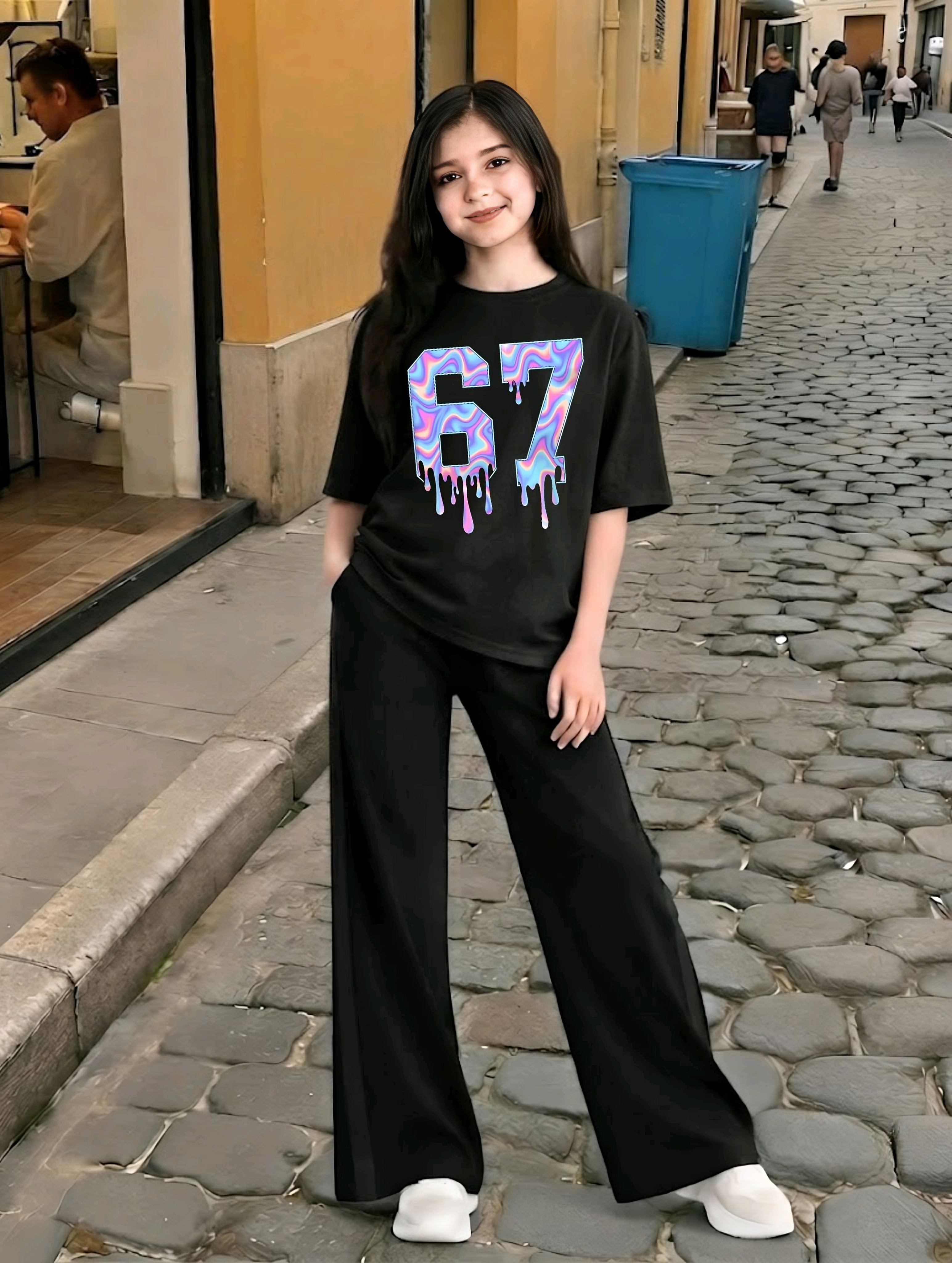 Baggy Suit Teen Girl 67 Reflector Black Soft Cotton Jersey for Summer