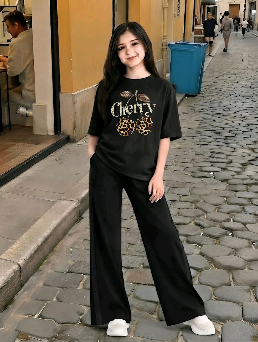 Baggy Suit Teen Girl Cherry Black Soft Cotton Jersey for Summer
