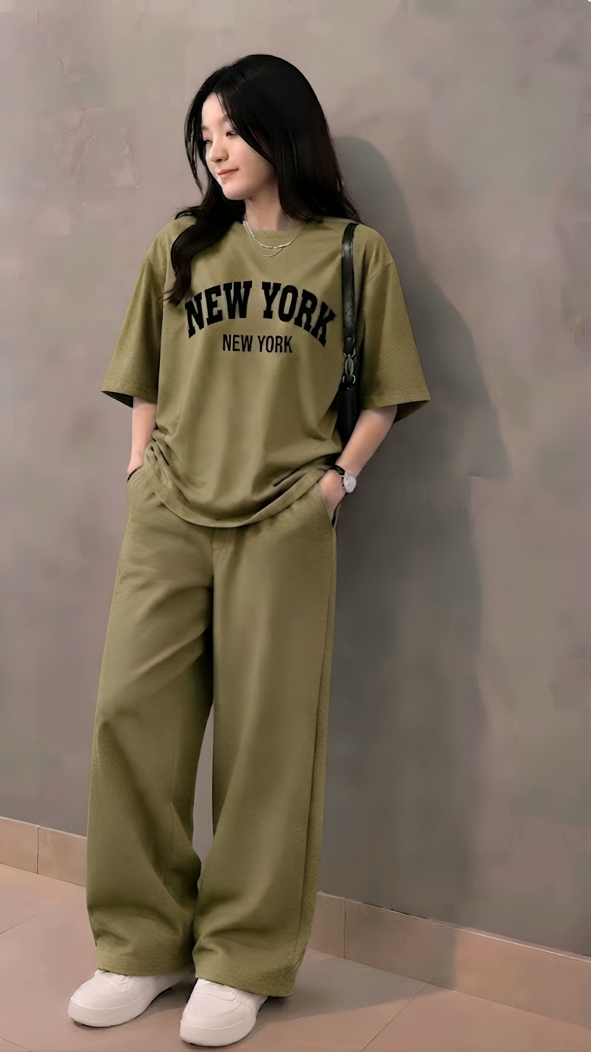 Baggy Suit Teen Girl New York Olive Green Soft Cotton Jersey for Summer