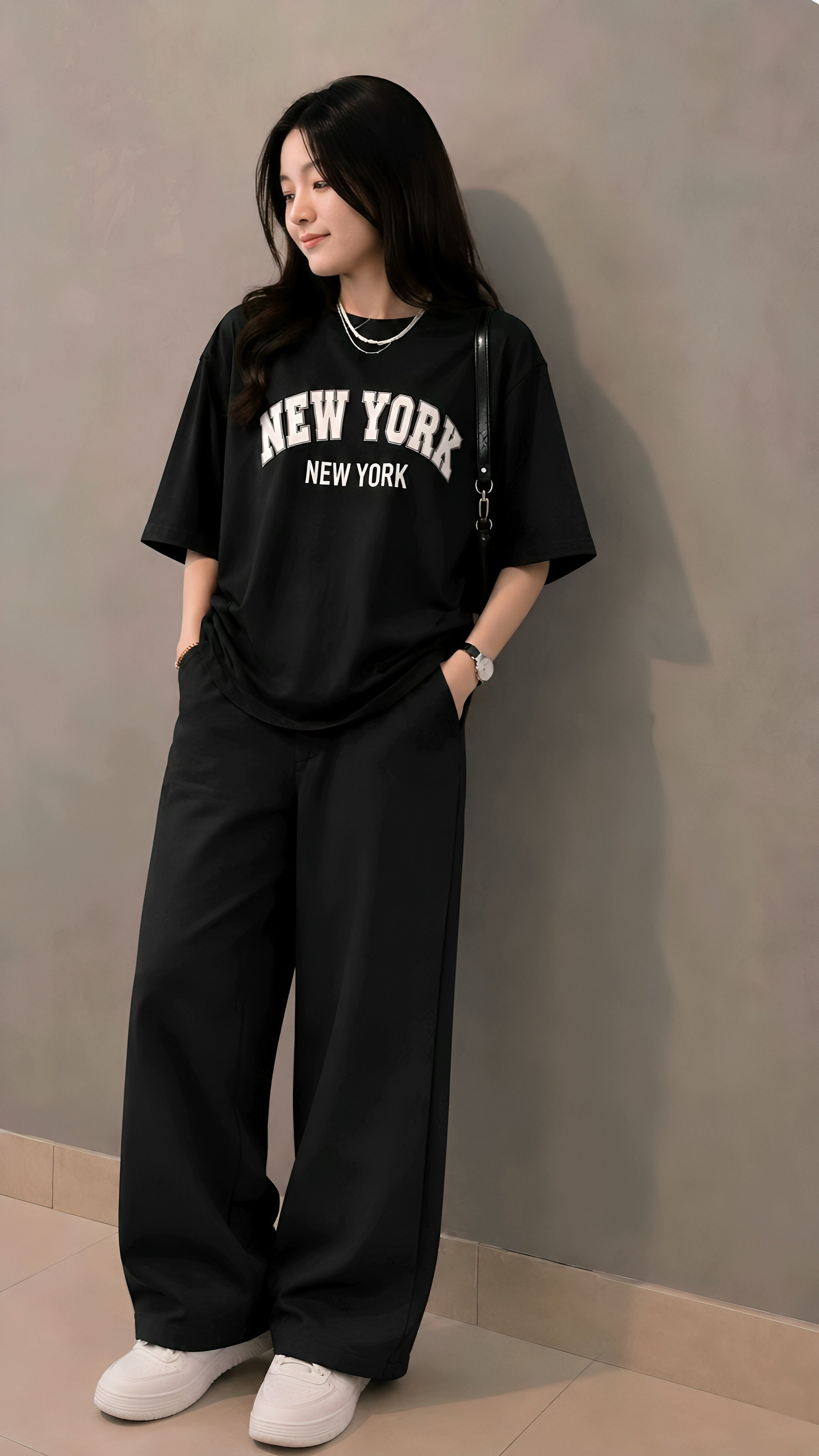Baggy Suit Teen Girl New York Black Soft Cotton Jersey for Summer