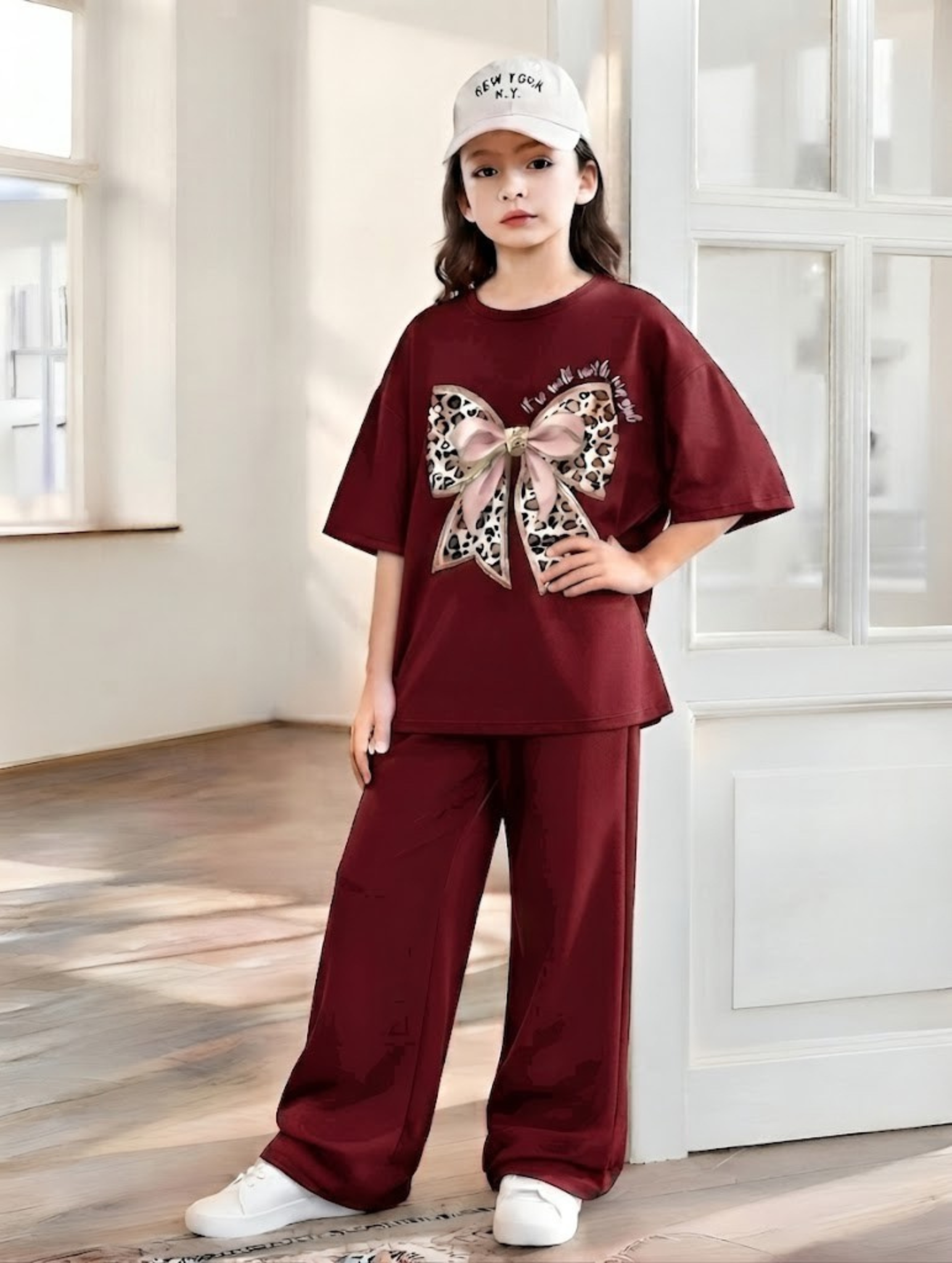 Baggy Suit Teen Girl Bow Maroon Soft Cotton Jersey for Summer