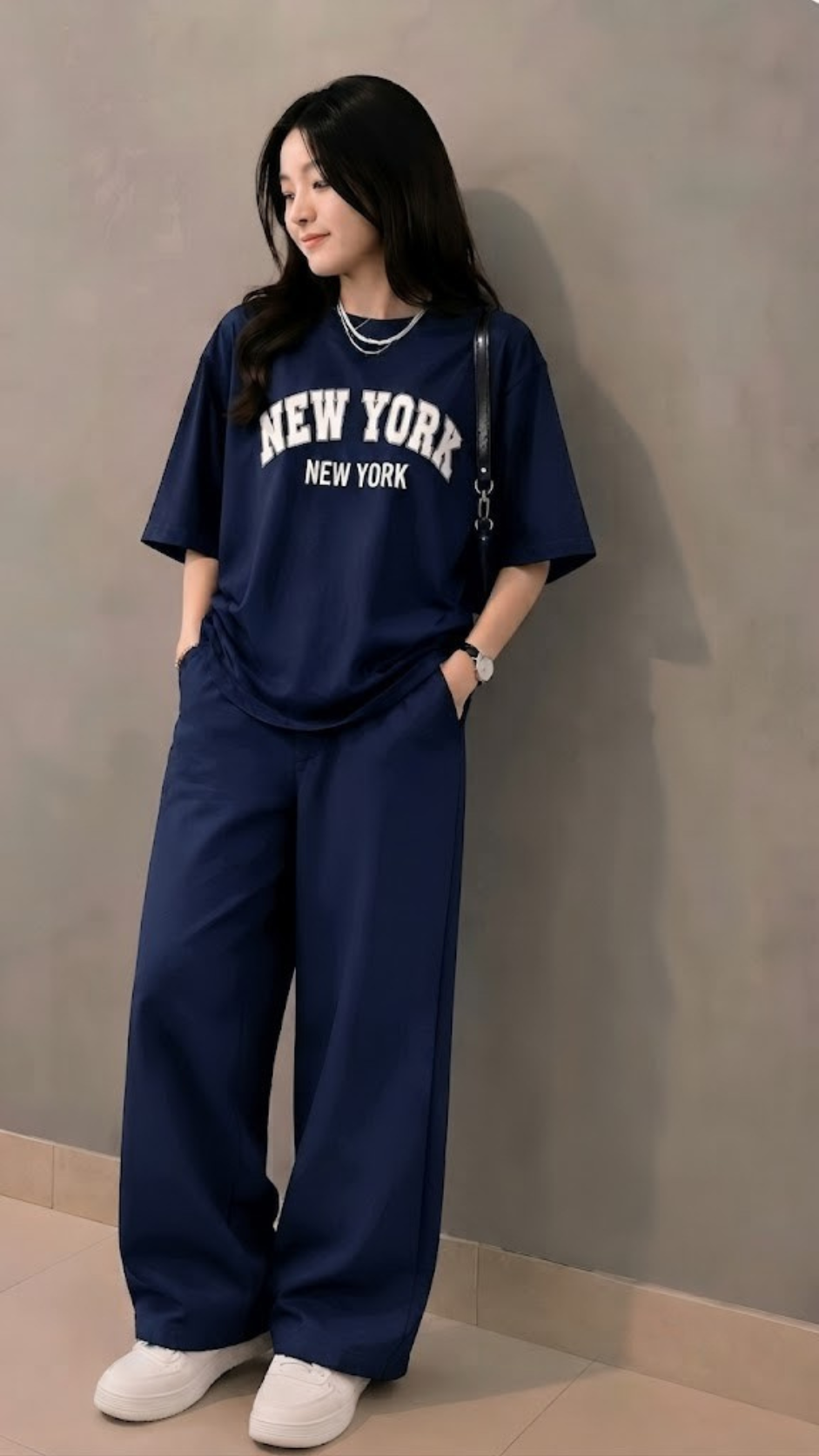 Baggy Suit Teen Girl New York Navy Blue Soft Cotton Jersey for Summer
