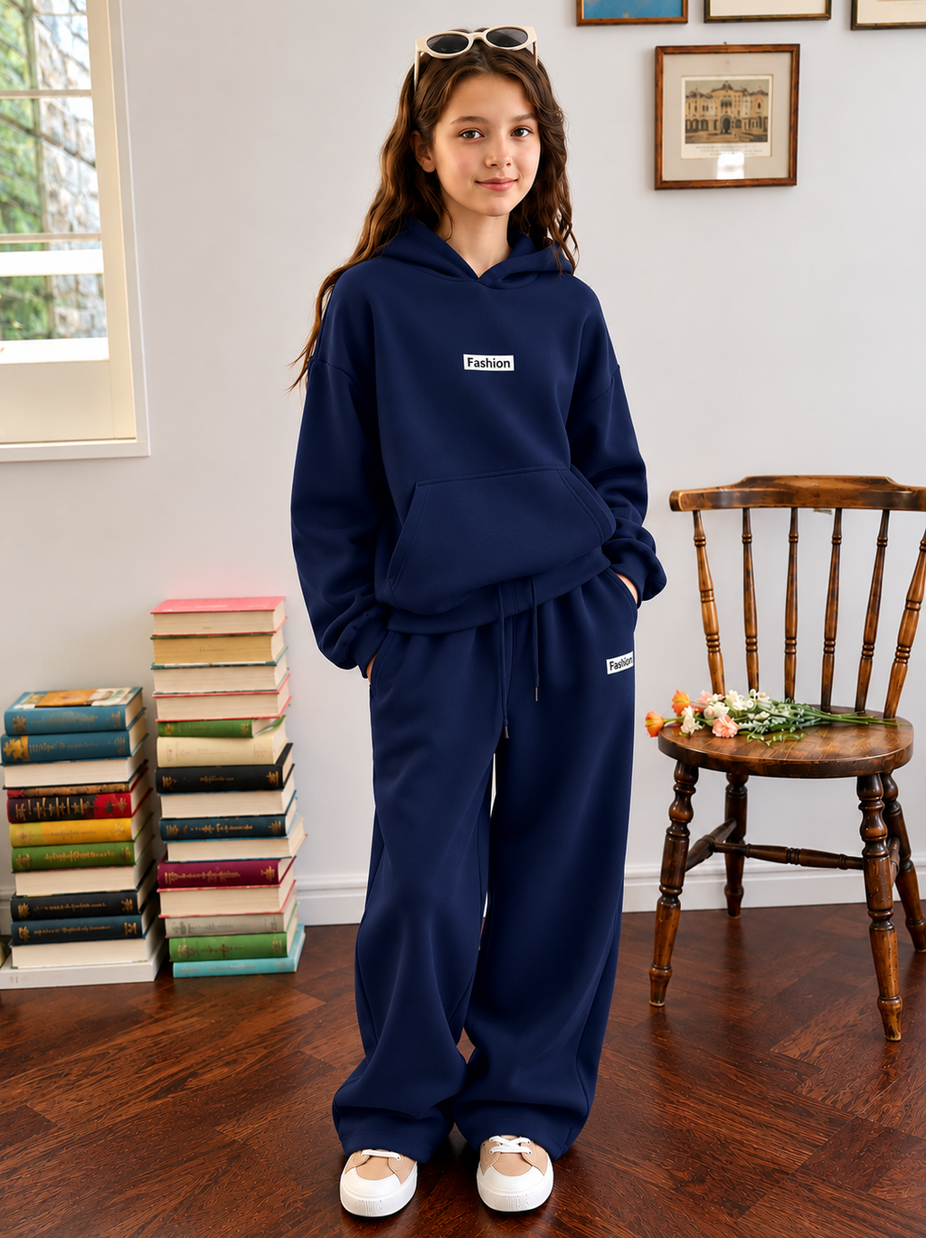 Teen Girl Baggy Suit Relaxed Fit Fashion Soft Cotton Fleece Navy Blue for Winter
