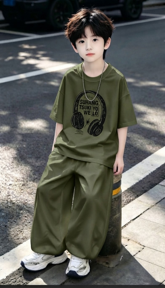 Baggy Suit Head Phone Olive Green Soft Cotton Jersey for Summer