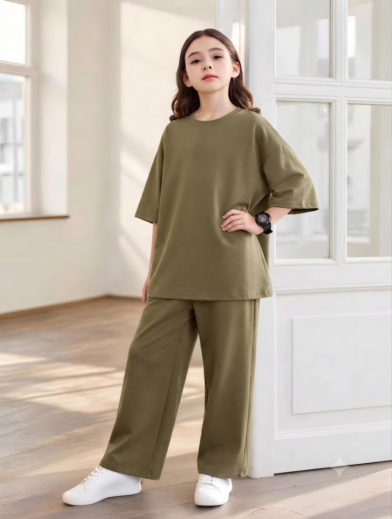 Baggy Suit Teen Girl Olive Green Soft Cotton Jersey for Summer