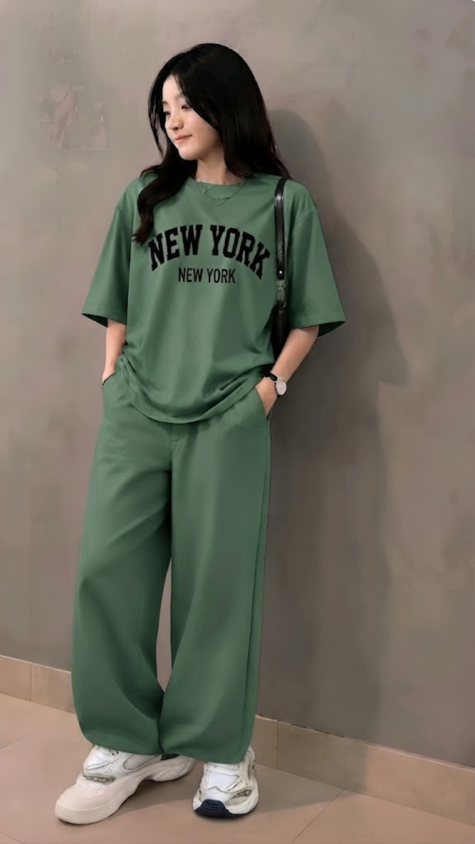 Baggy Suit Teen Girl New York Sage Green Soft Cotton Jersey for Summer
