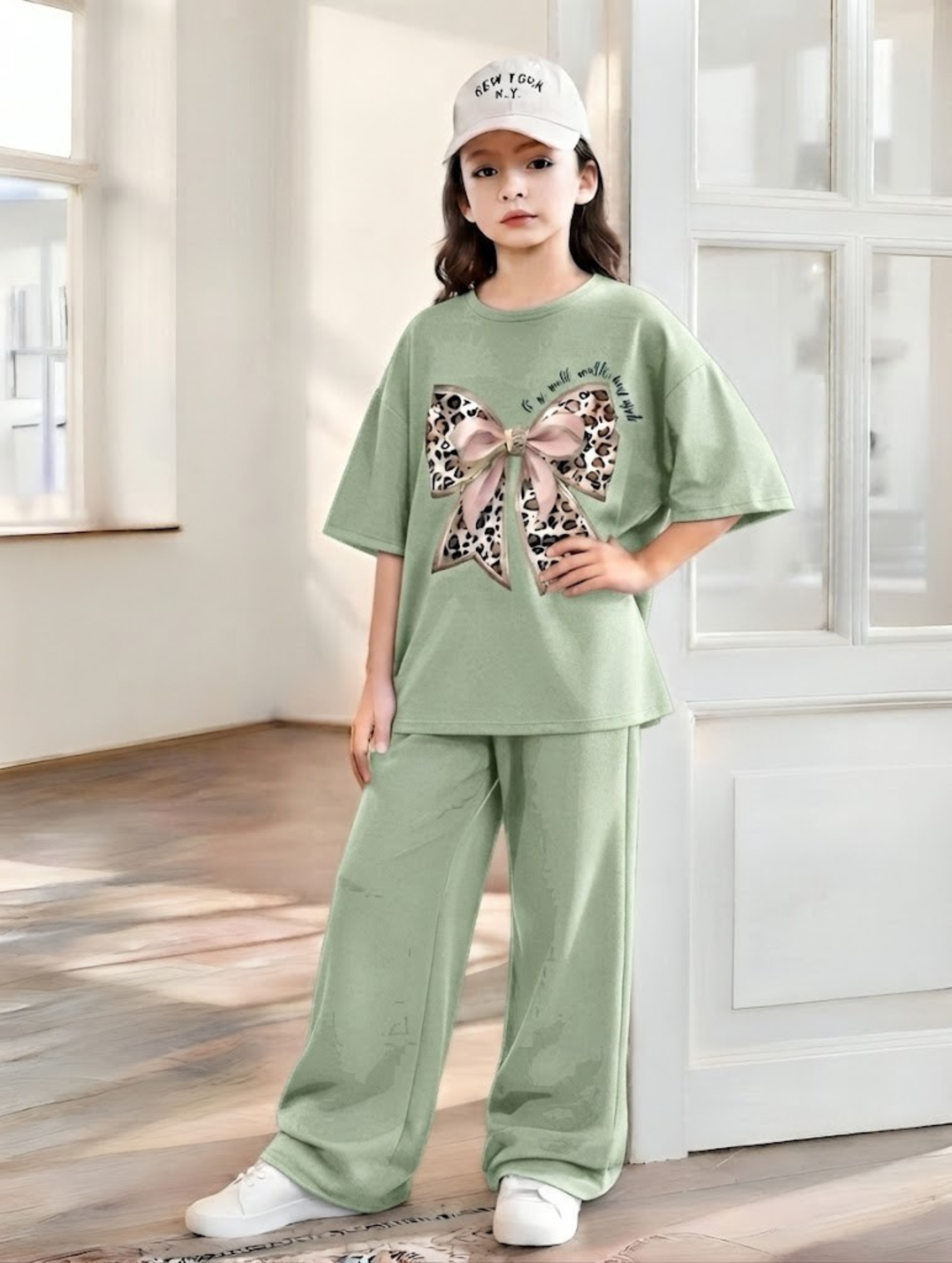 Baggy Suit Teen Girl Bow Sage Green Soft Cotton Jersey for Summer