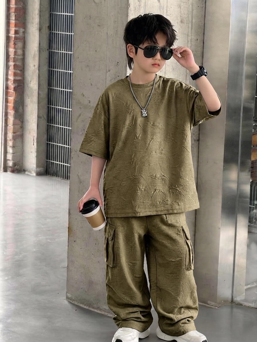 Baggy Cargo Suit Turkish Fabric Embossed Texture Olive Green