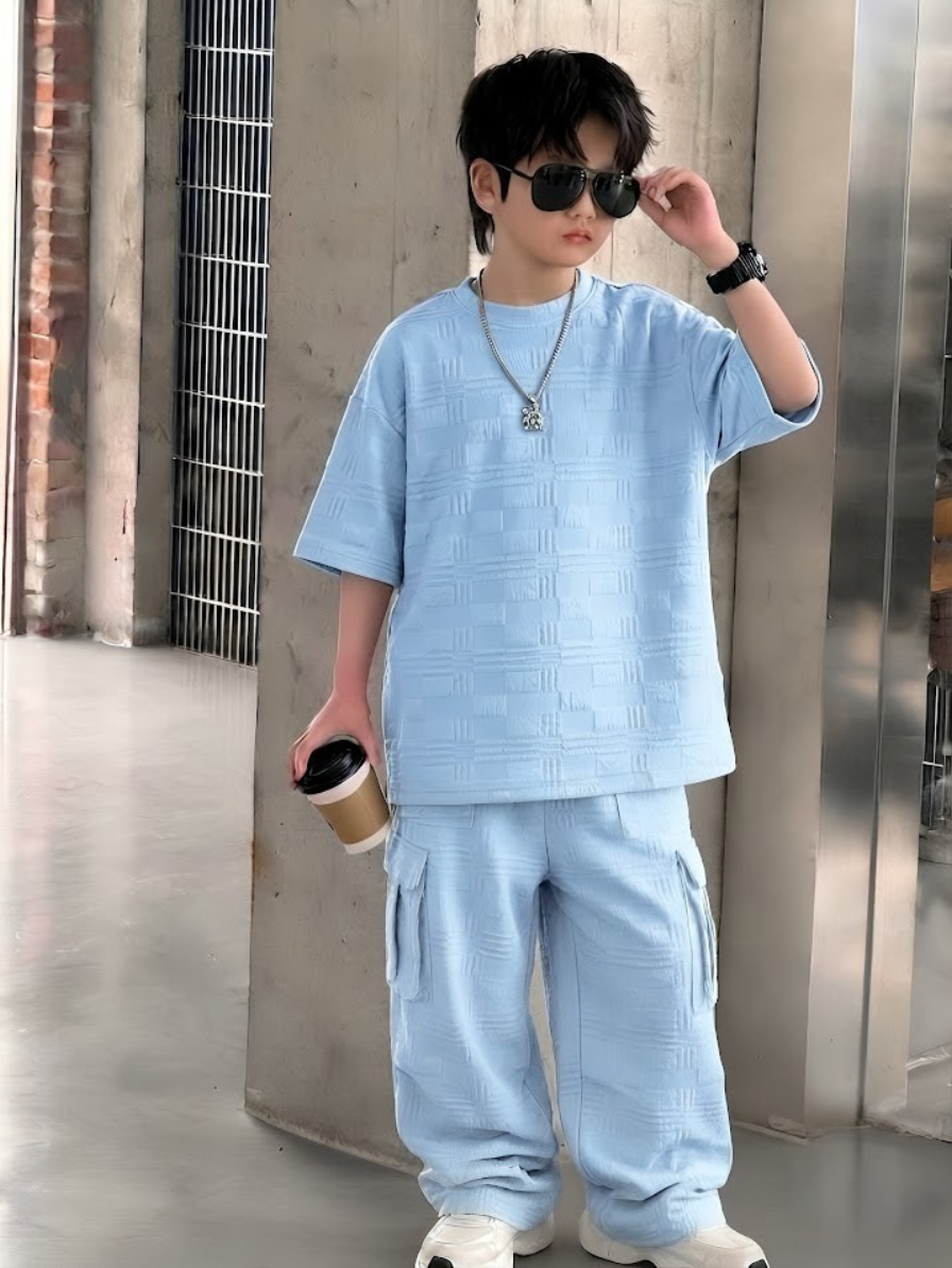 Baggy Cargo Suit Turkish Fabric Embossed Texture Charcoal Sky Blue