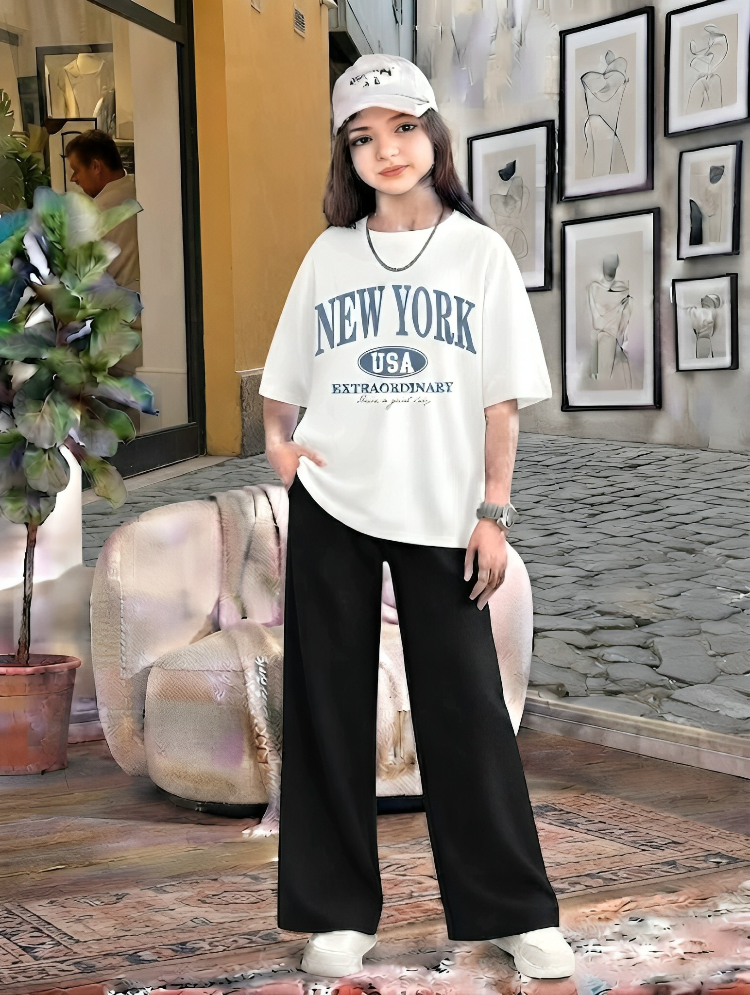 Baggy Suit Teen Girl New York Soft Cotton Jersey for Summer
