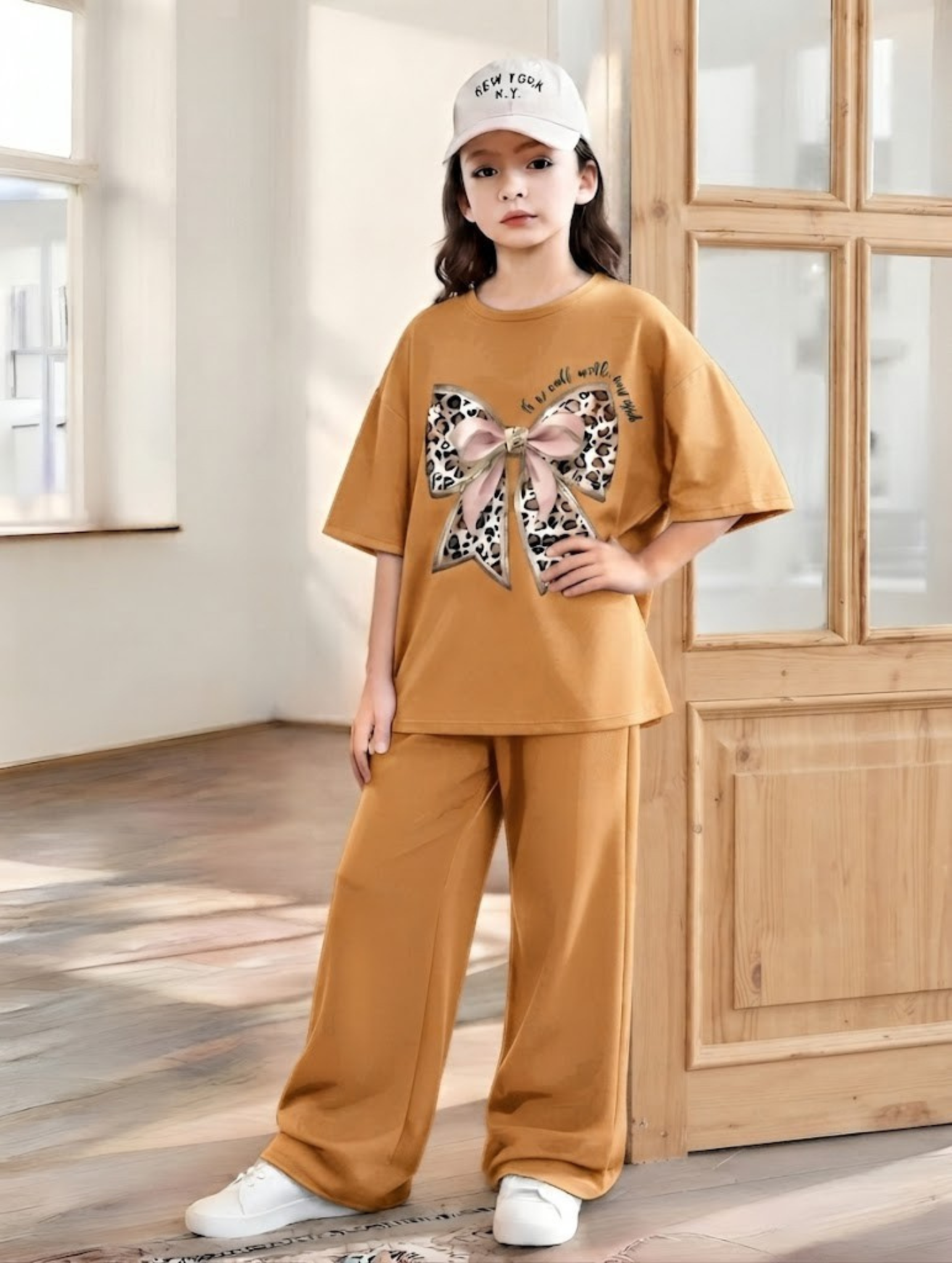 Baggy Suit Teen Girl Bow Camel Soft Cotton Jersey for Summer