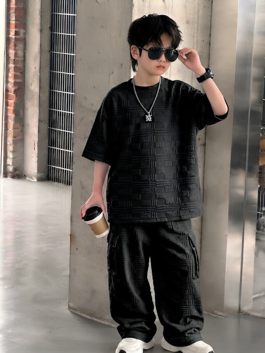 Baggy Cargo Suit Turkish Fabric Embossed Texture Black