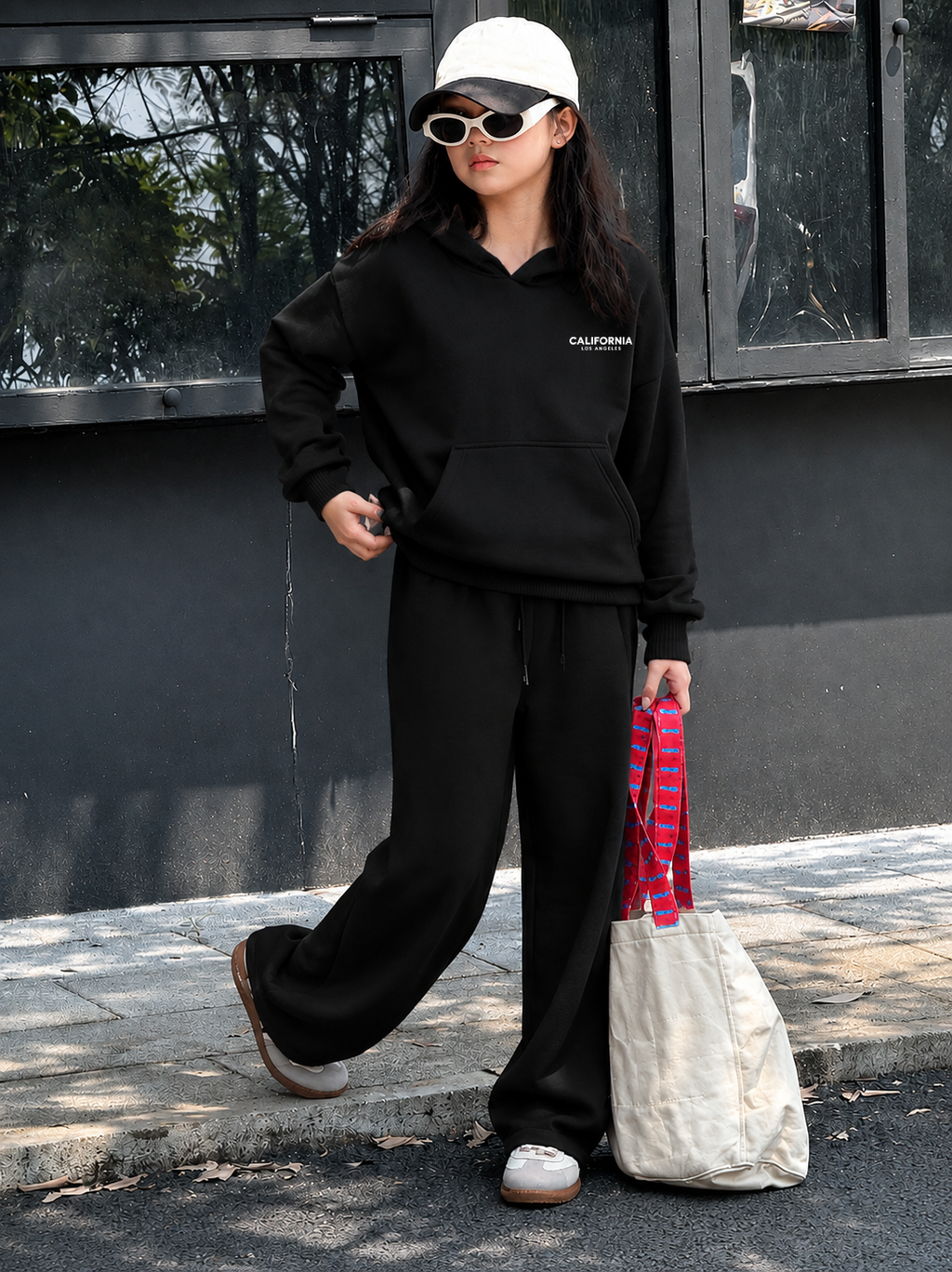 Teen Girl Baggy Suit Relaxed Fit California Los Soft Cotton Fleece Black for Winter