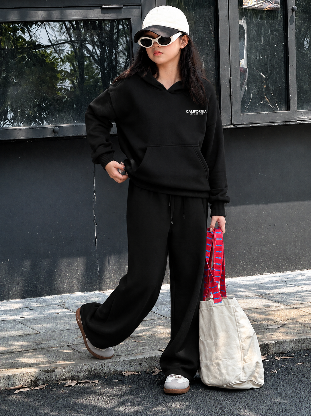 Teen Girl Baggy Suit Relaxed Fit California Los Soft Cotton Fleece Black for Winter