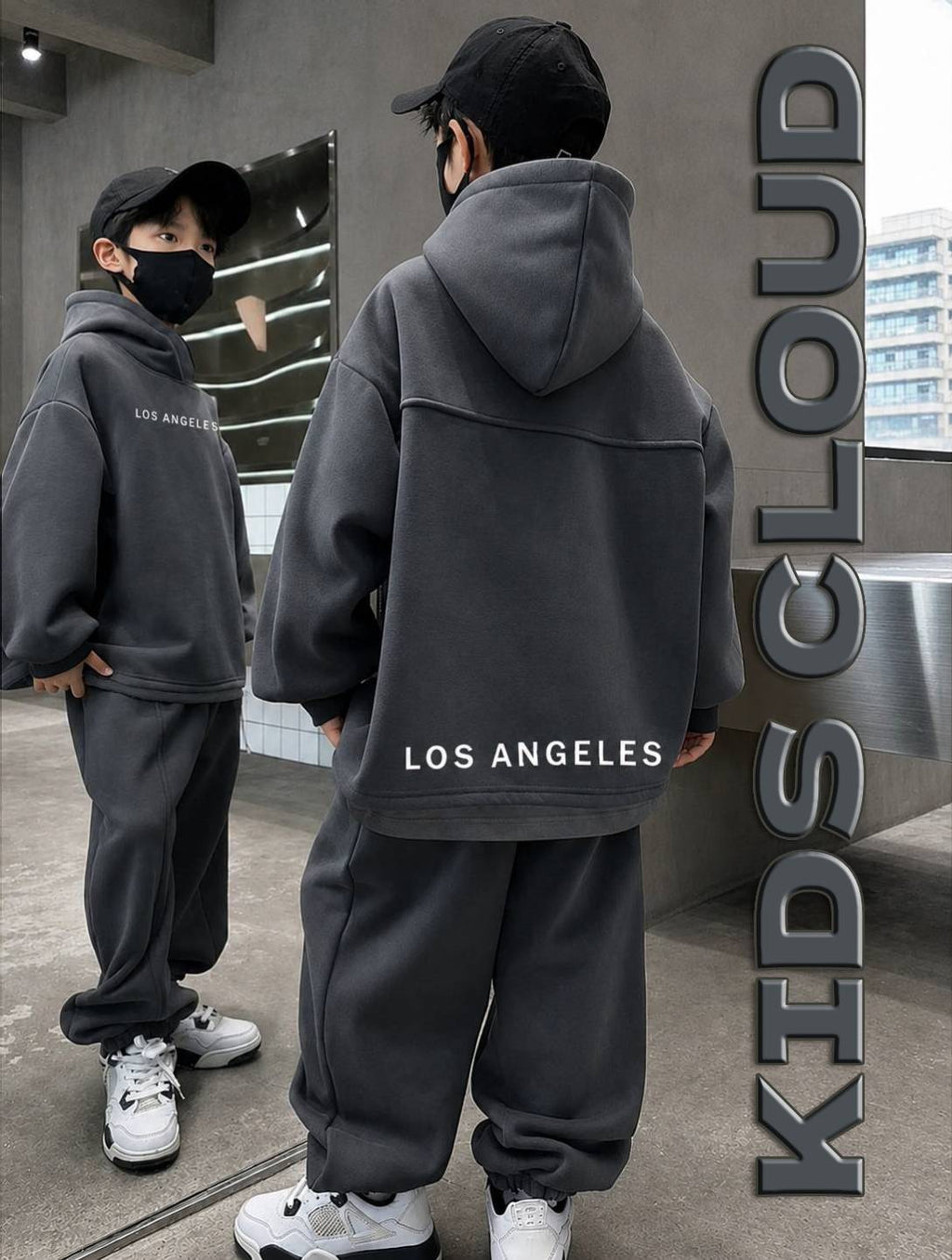 Kids Baggy Suit Relaxed Fit Los Angeles Soft Cotton Fleece Charcoal Black for Winter