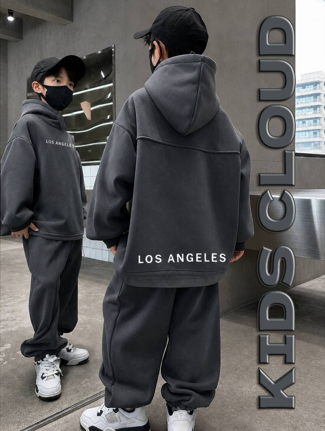 Kids Baggy Suit Relaxed Fit Los Angeles Soft Cotton Fleece Charcoal Black for Winter