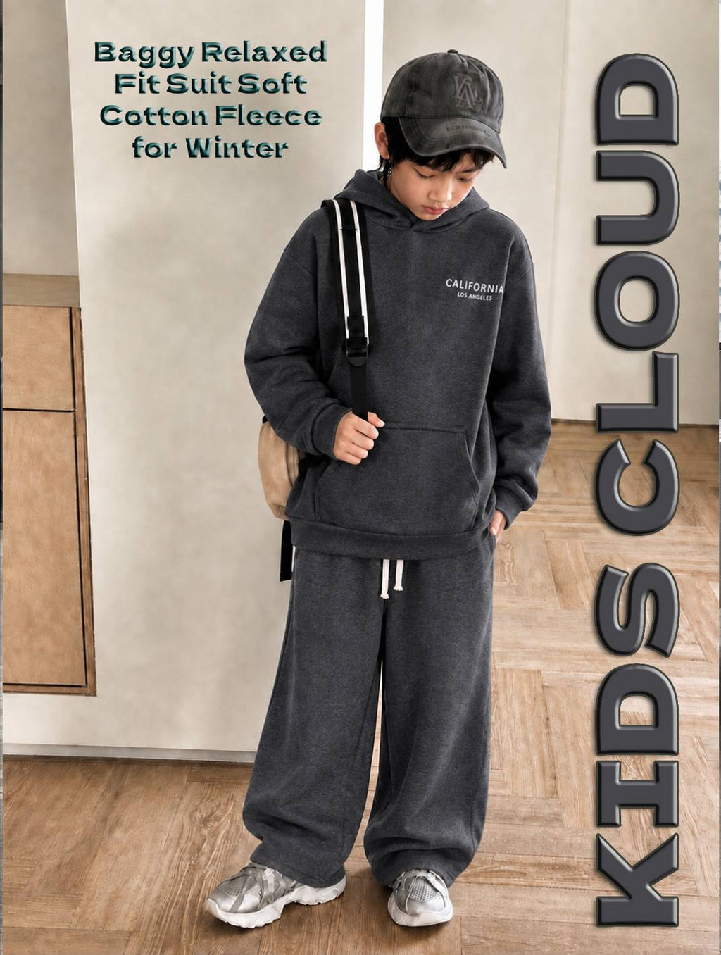 Kids Baggy Suit Relaxed Fit California Soft Cotton Fleece Charcoal Black for Winter