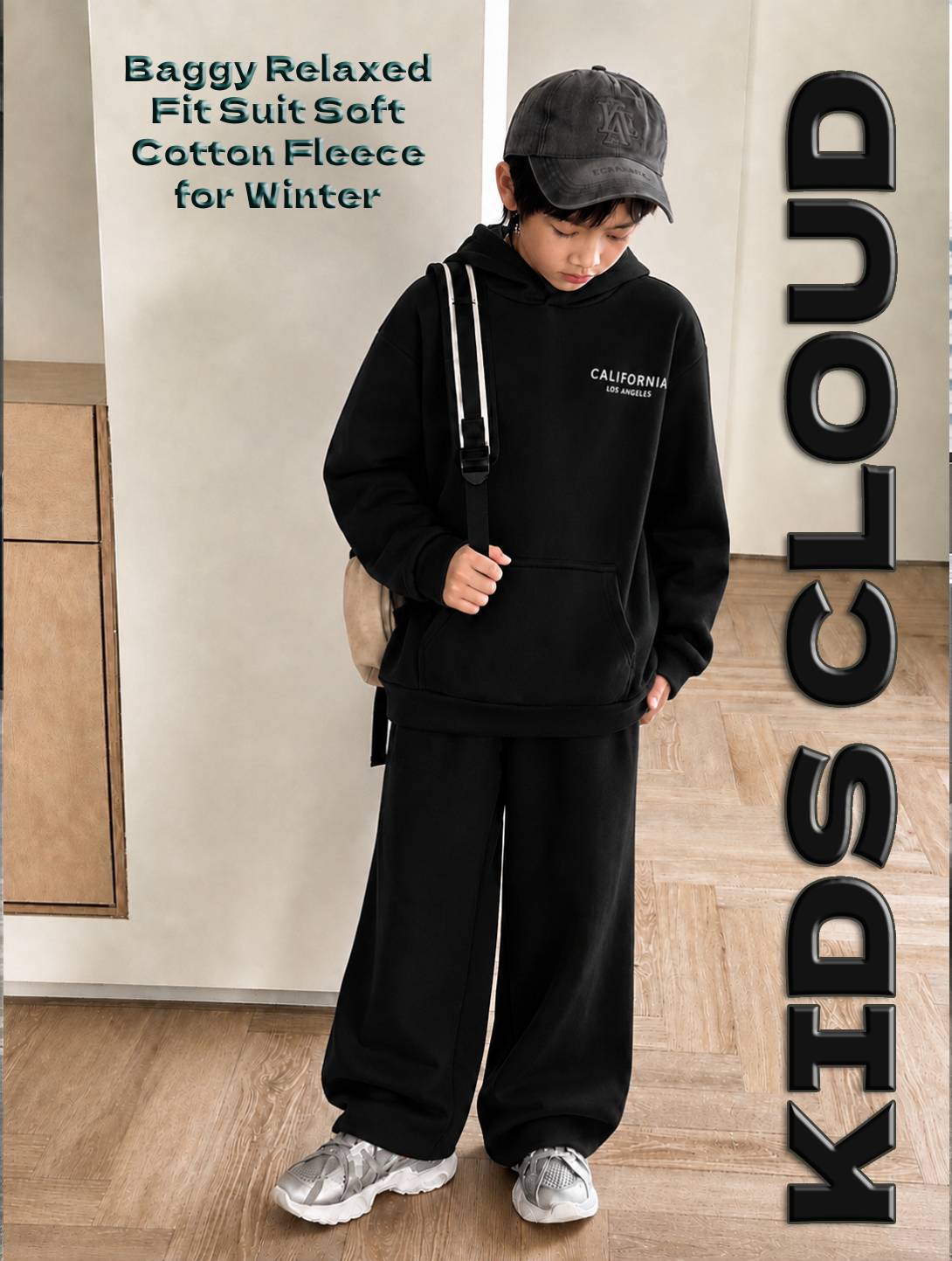 Kids Baggy Suit Relaxed Fit California Soft Cotton Fleece Black for Winter